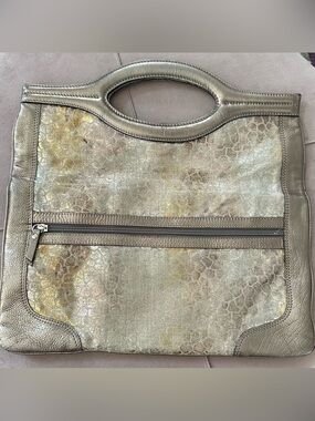 Donald J Pliner Italy Metallic Snakeskin Print Leather Cutout Tote Handbag